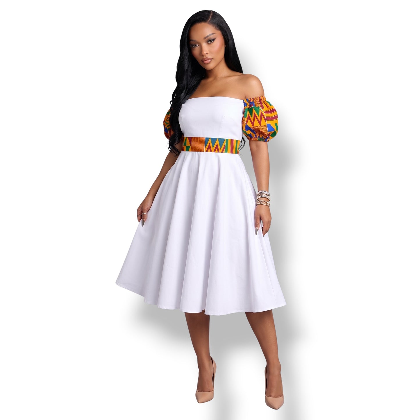 Kaira – Vestido Blanco Off-Shoulder con Kente