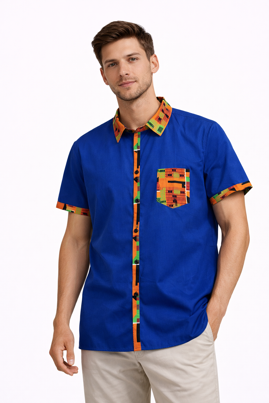 Khalil – Camisa Afro Azul con detalles Kente