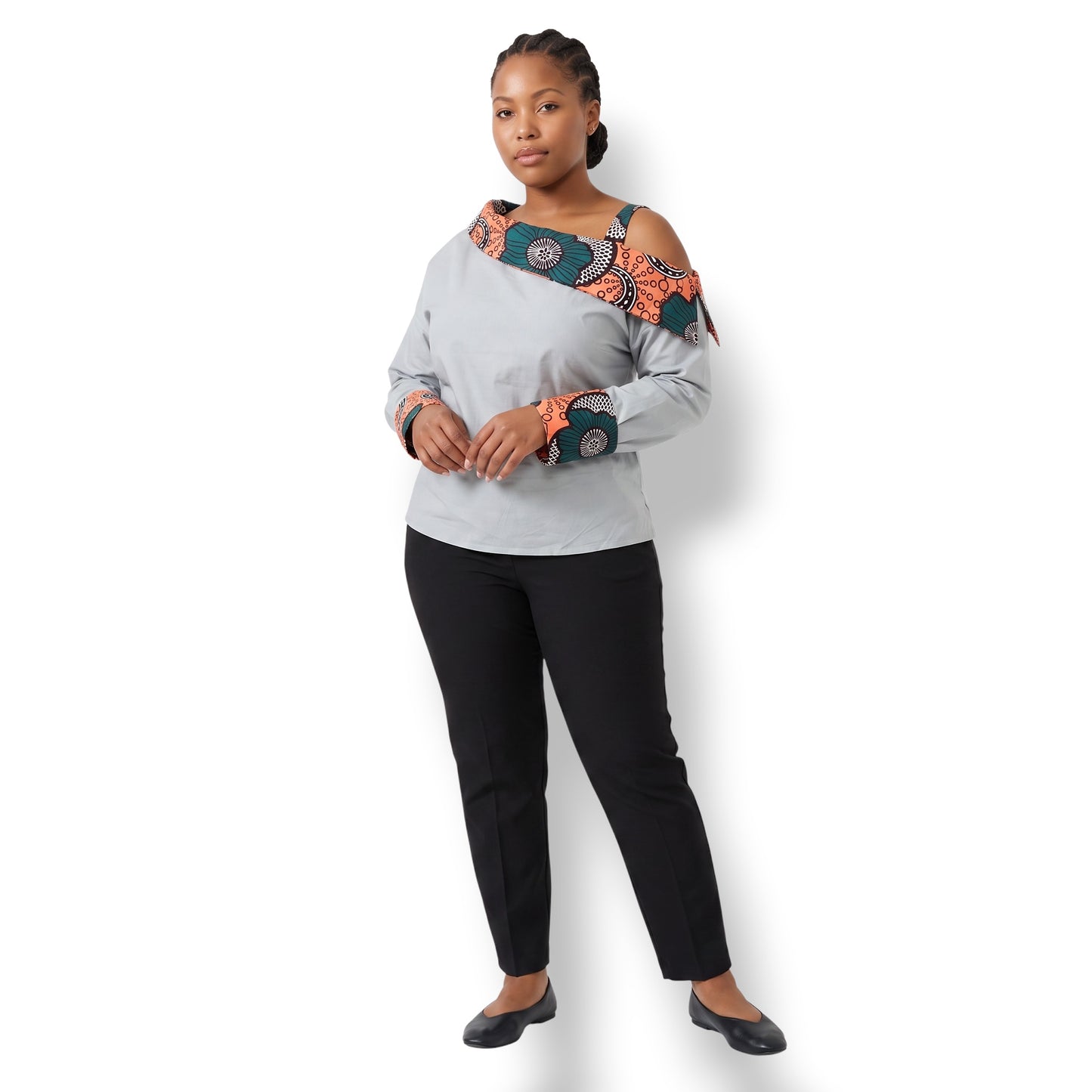 Ima – Camisa Afro Gris con Detalle Ankara