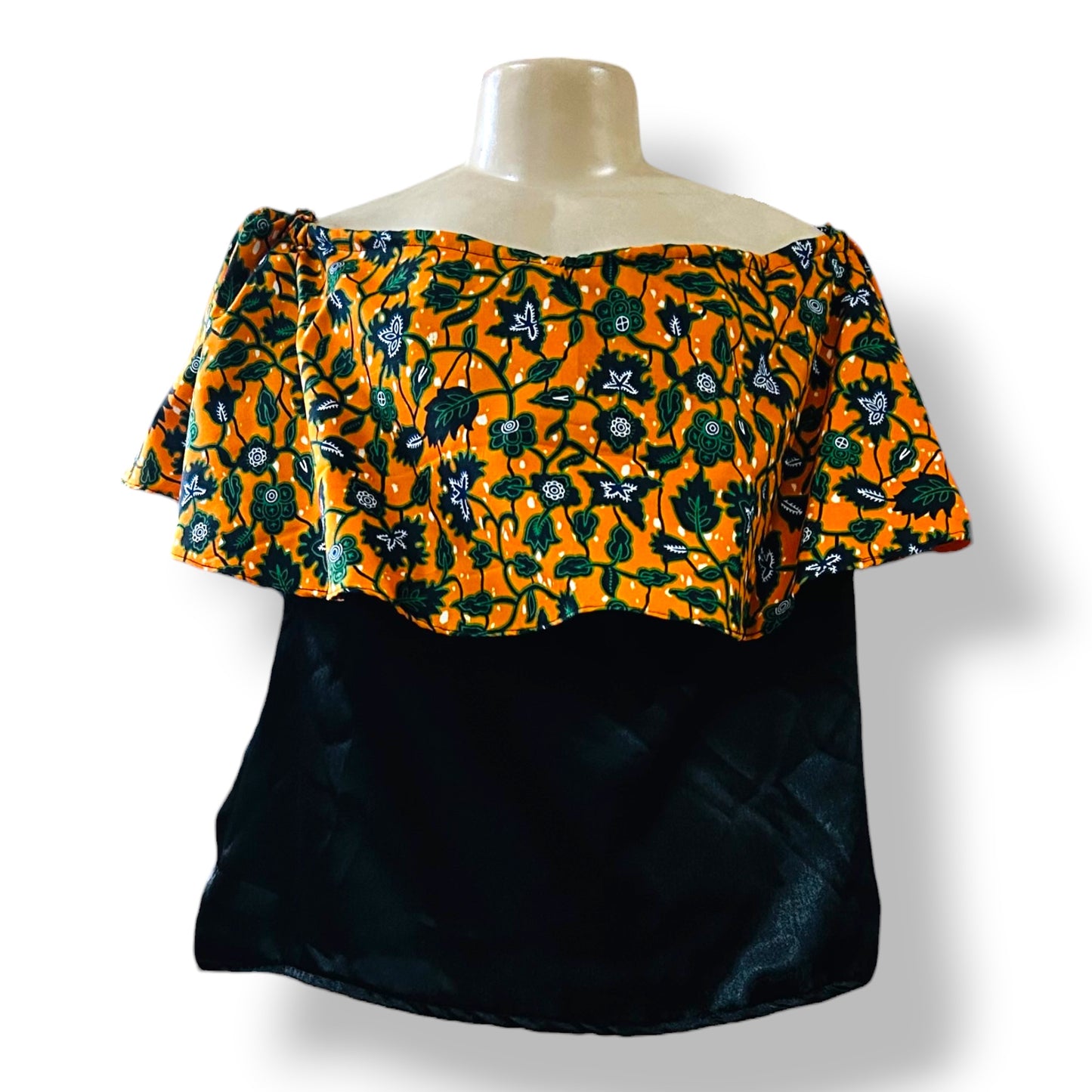 Viena – Top Off-Shoulder Ankara Naranja con Flores