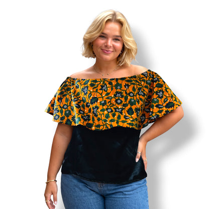 Viena – Top Off-Shoulder Ankara Naranja con Flores