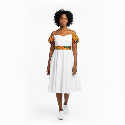 Kaira – Vestido Blanco Off-Shoulder con Kente