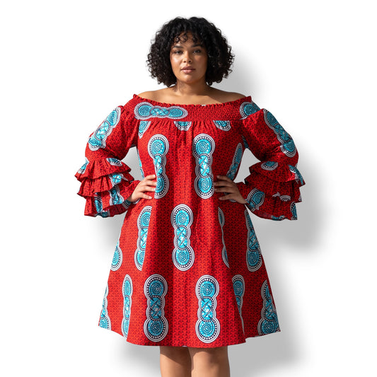 Stacy – Vestido Ankara Off-Shoulder Rojo