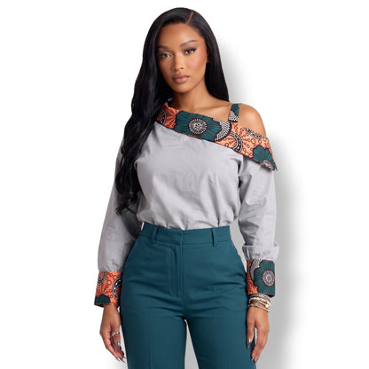 Ima – Camisa Afro Gris con Detalle Ankara