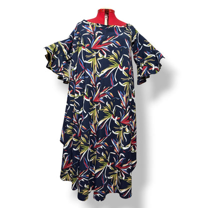 Amina – Vestido Tropical Azul con Mangas Volante