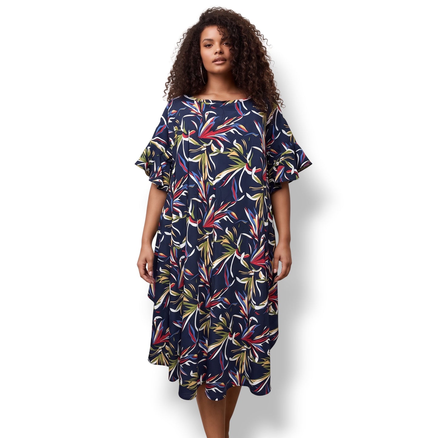 Amina – Vestido Tropical Azul con Mangas Volante