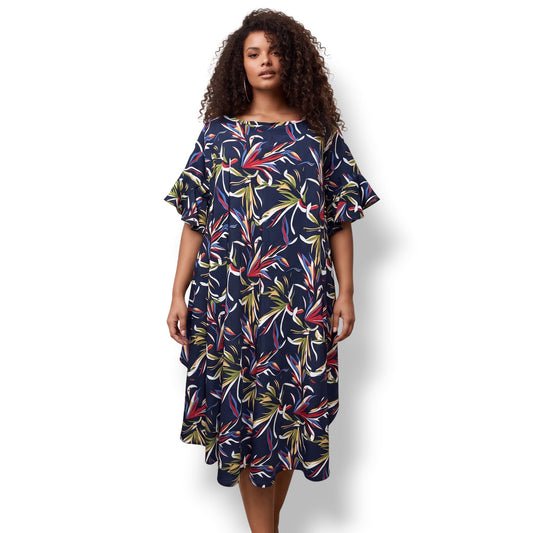 Amina – Vestido Tropical Azul con Mangas Volante