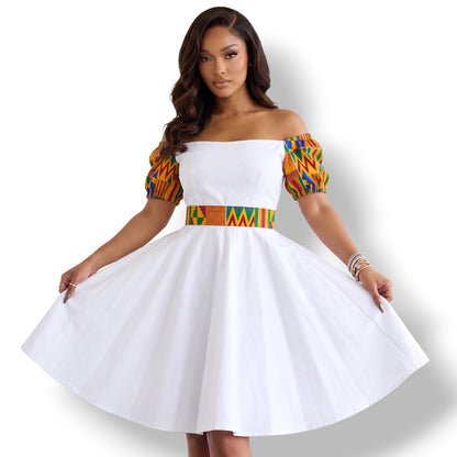 Kaira – Vestido Blanco Off-Shoulder con Kente