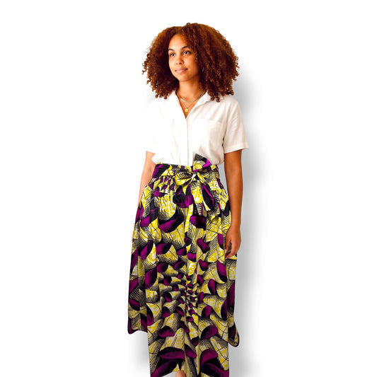 Falda Maxi Ankara Amarilla con Pétalos Morados